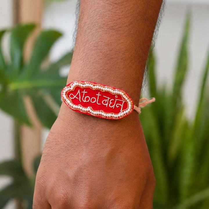 Handmade Beaded Atoot Bandhan Theme Rakhi With Roli Chawal For Brother