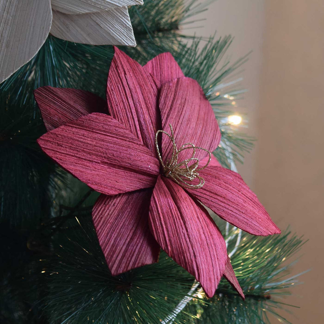 Handmade Areca Nut Red Poinsettia Flower Christmas Ornament
