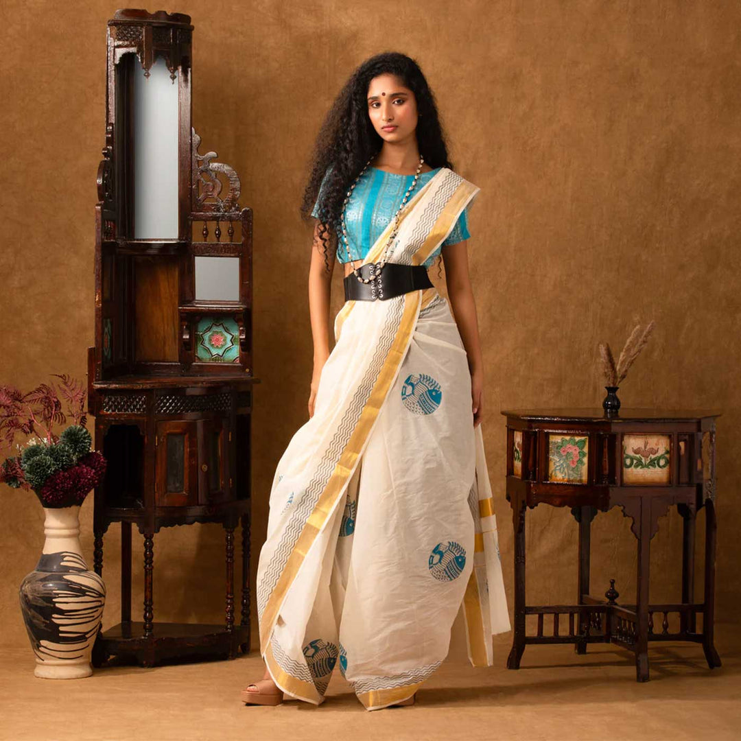 Fish Motif Saree | Hand Block Printed Pure Cotton Kerala Kasavu Saree | Onam Special | 5.5m + 80cm Blouse Piece