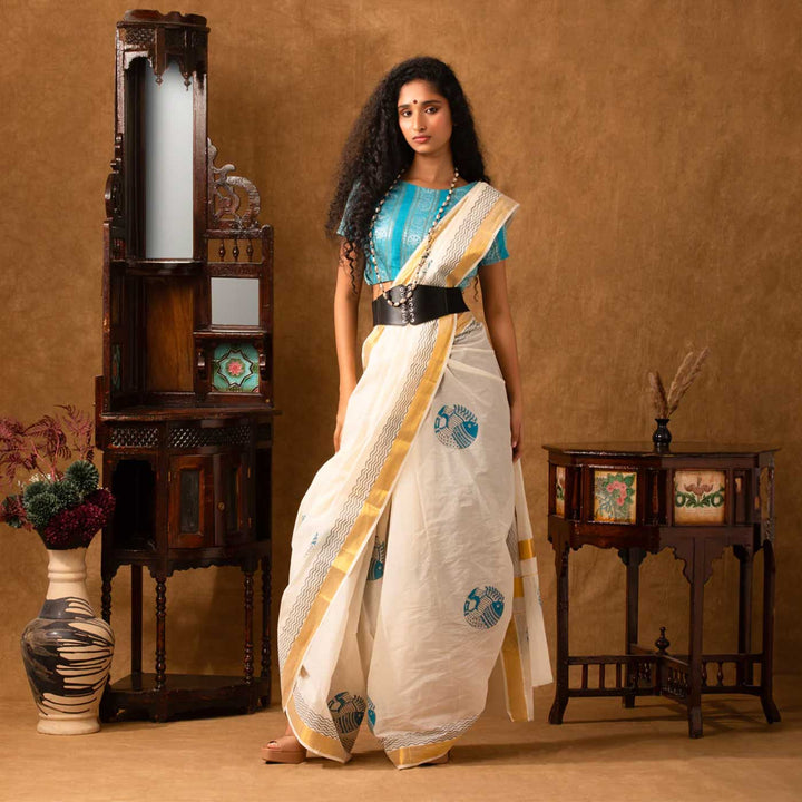 Fish Motif Saree | Hand Block Printed Pure Cotton Kerala Kasavu Saree | Onam Special | 5.5m + 80cm Blouse Piece