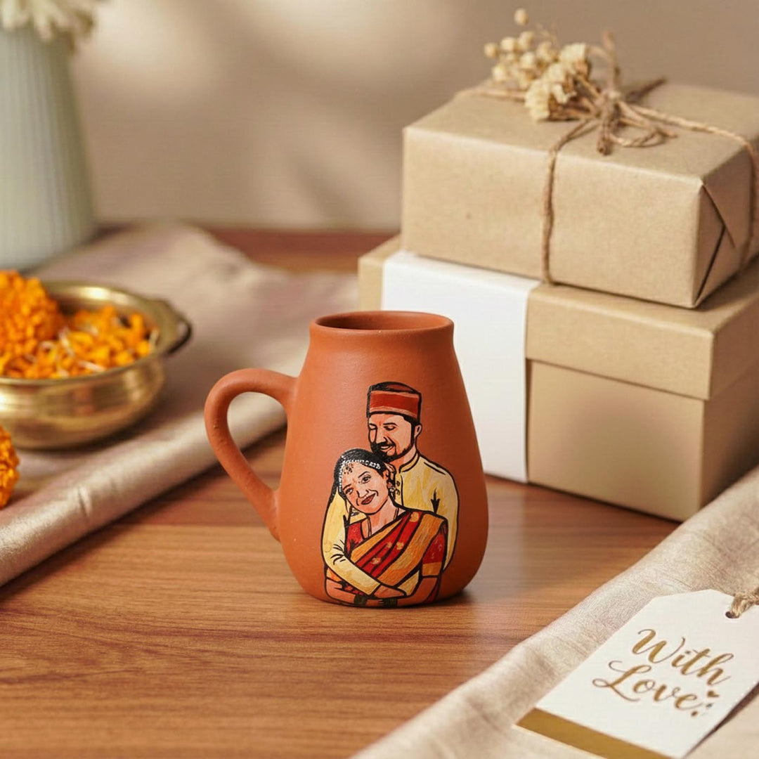 Maharashtrian Couple Photo Personalized Handpainted Terracotta Mug | 280 Ml