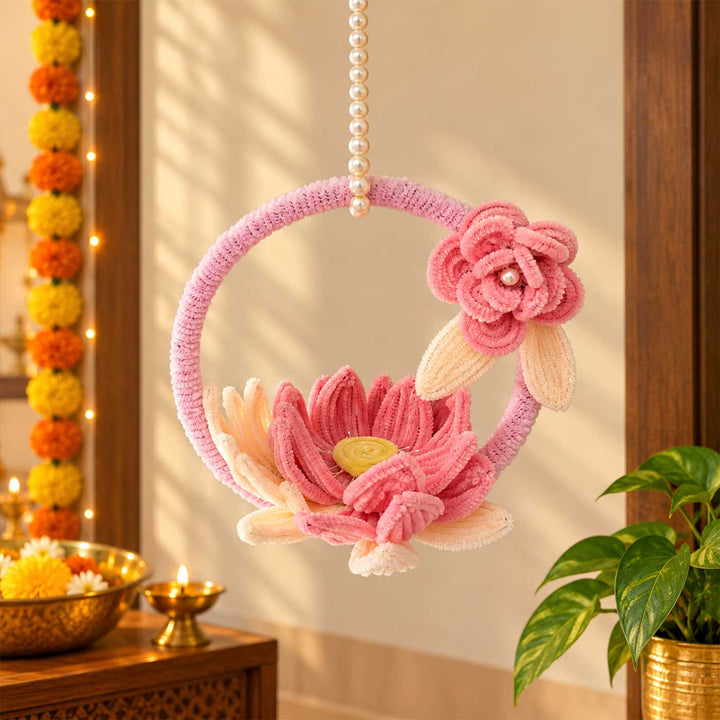 Handmade Lotus & Rose Flower Ring Pipe Cleaner Tealight Hanging with Pearl Loop