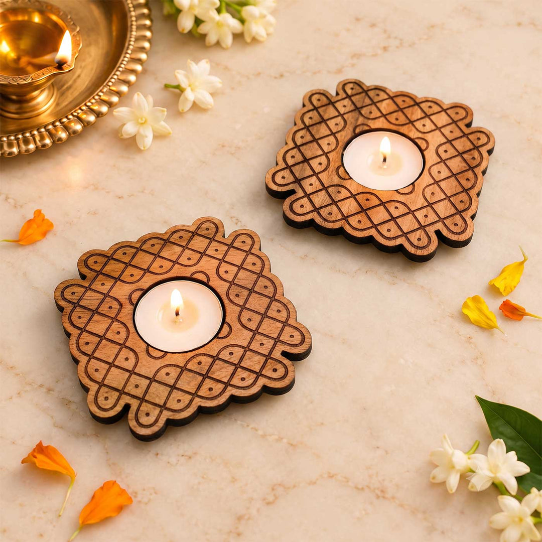 4 pc | Wave Lattice Hand-Engraved Mahogany Wood Kolam Tealight Holders