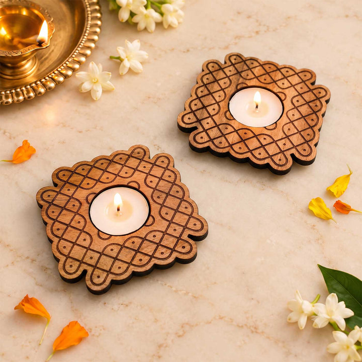 4 pc | Wave Lattice Hand-Engraved Mahogany Wood Kolam Tealight Holders