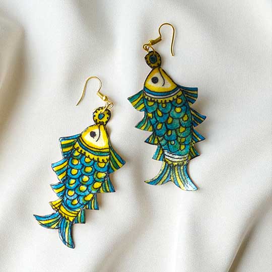 Hand-Painted Blue & Yellow Fish Shaped Leather Earrings