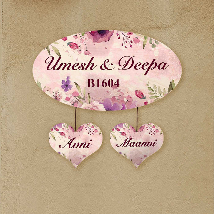 Printed Spring Floral Wooden Oval Nameplate For Family