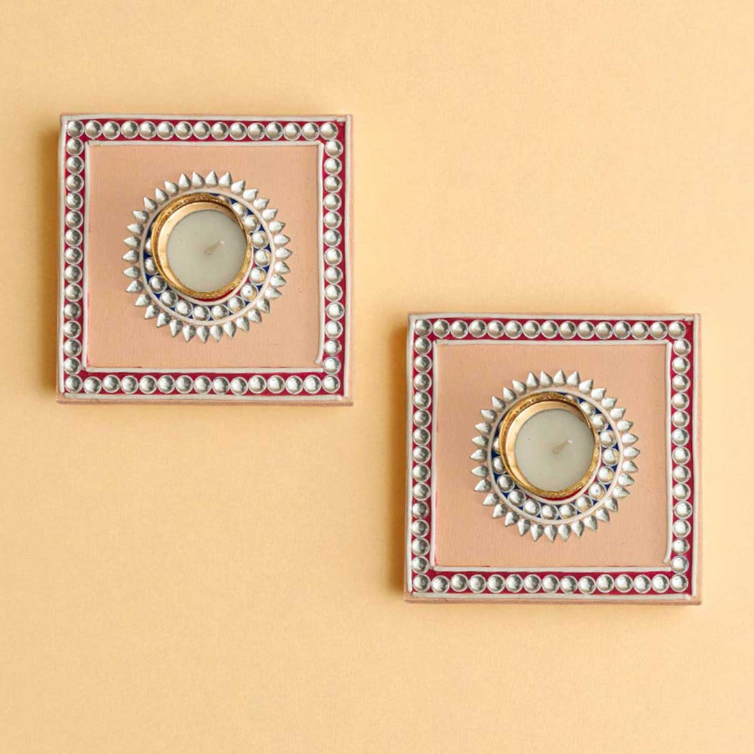 Set of 2 | Handmade Dharma Jyoti Wooden Tealight Holder