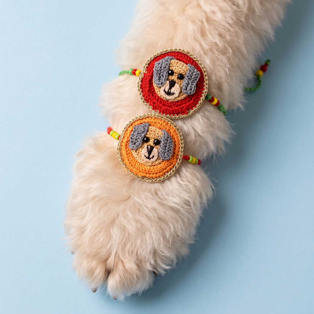 Handmade Crochet Dog Theme Kids Rakhi With Roli Chawal | Set Of 2