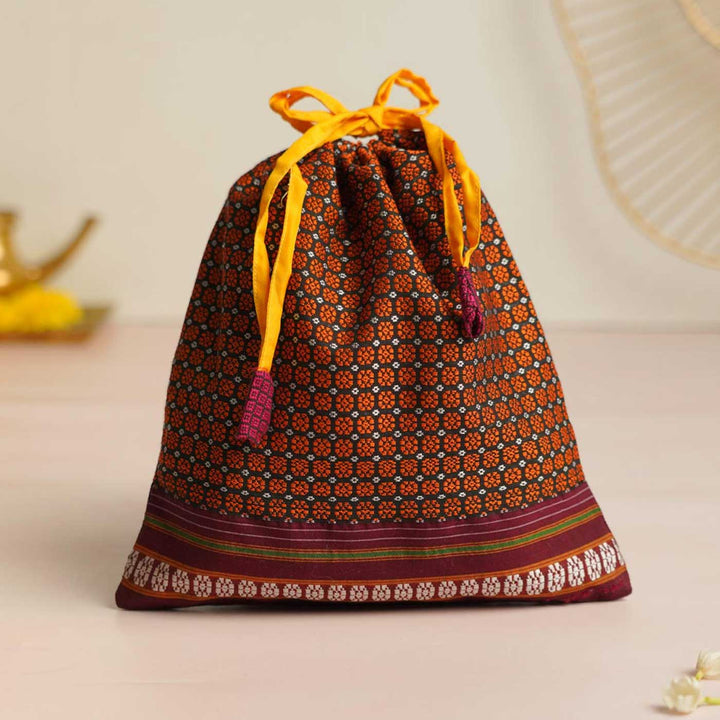 Handmade Orange Khunn Fabric Cotton Thamboolam Potli