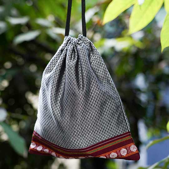 Handmade Grey Khunn Fabric Cotton Thamboolam Potli with Maroon Border