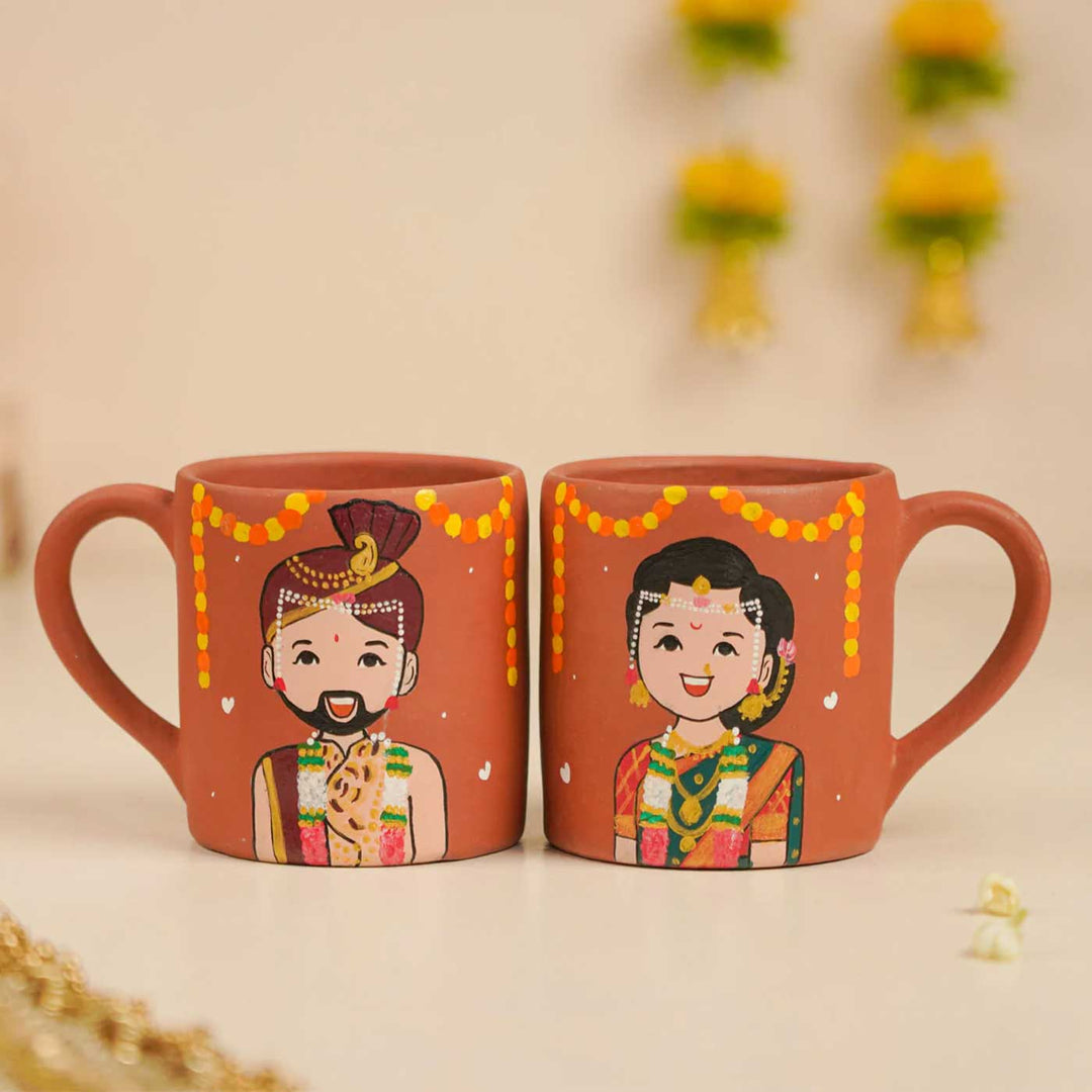 2 Pc | Maharashtrian Couple Personalized Handpainted Terracotta Mug | 200 ml