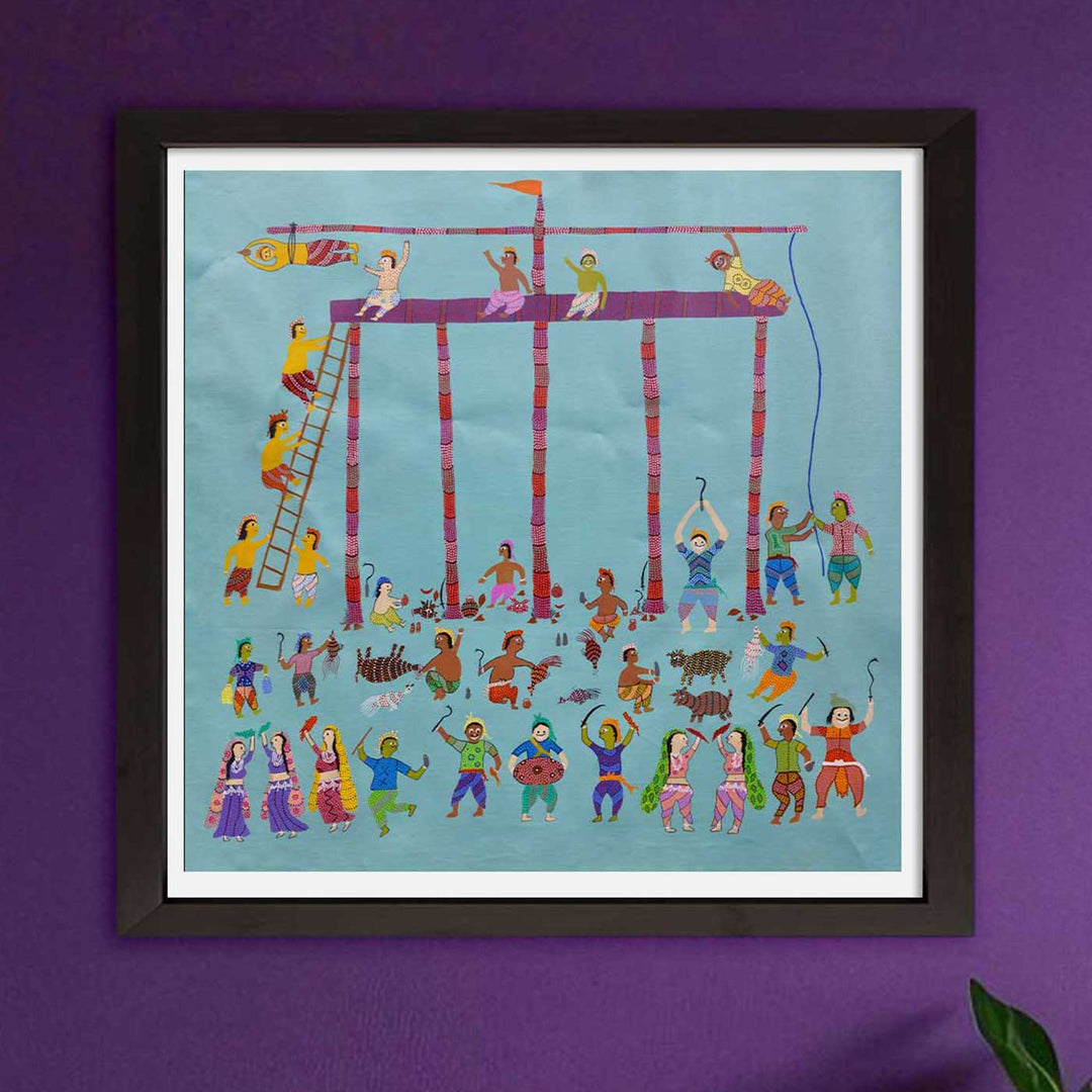 36 x 36 Inch | Festival of the Village | Original Hand Painted Bhill Painting | Acrylic Paints On Canvas