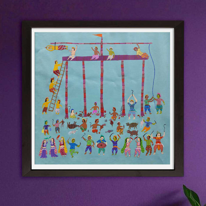 36 x 36 Inch | Festival of the Village | Original Hand Painted Bhill Painting | Acrylic Paints On Canvas