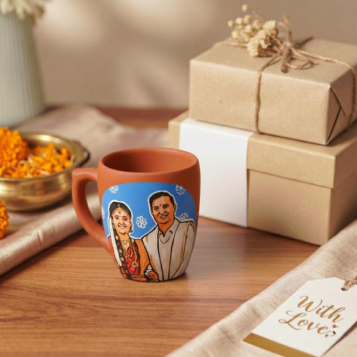 South Indian Couple Photo Personalized Handpainted Terracotta Mug | 280 Ml