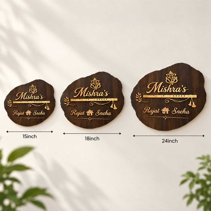 Personalized Flute Motif Led Backlit Amorphous Rubber Wood Name Plate With Brass Letters For Home