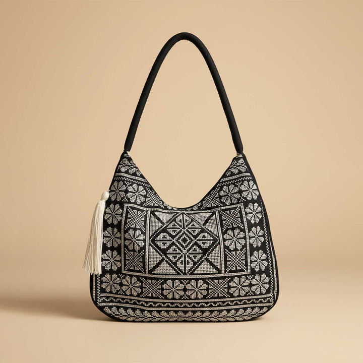 Ivory Cross-Stitch Embroidered Hobo Shoulder Bag