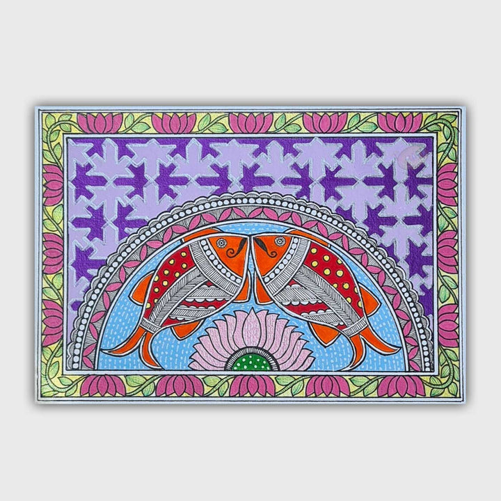 8 x 5 Inch | Duo Fish & Lotus | Original Hand Painted Madhubani Painting On Paper