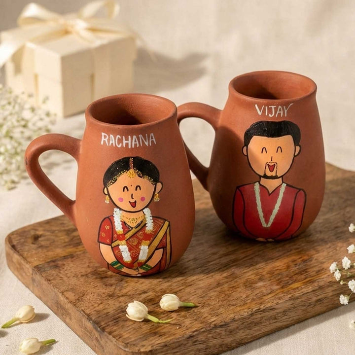 2 Pc | Tamil Nadu Couple Personalized Handpainted Terracotta Mug | 450 ml