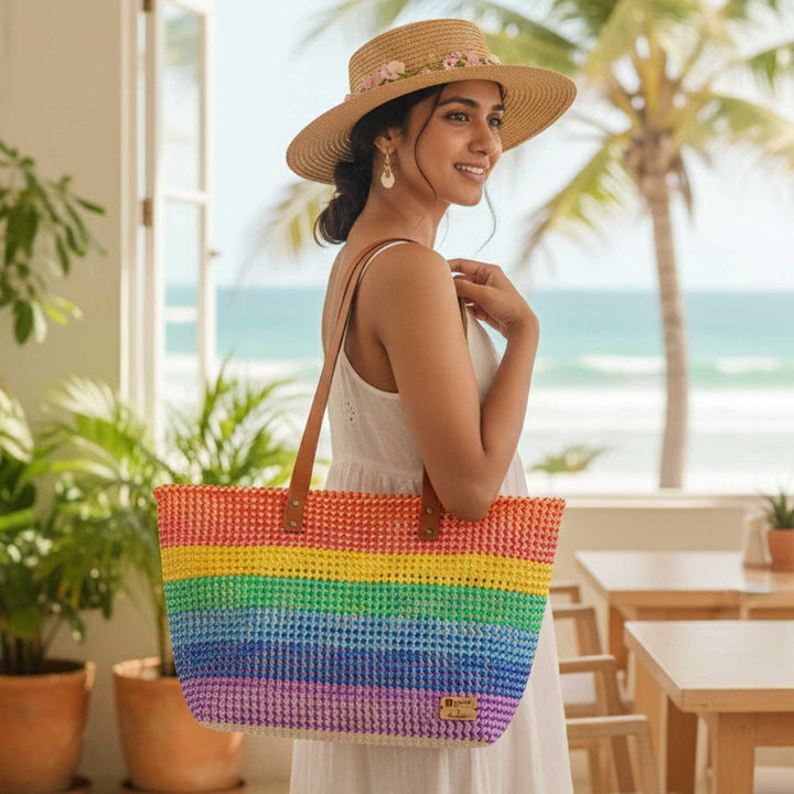 Rainbow Stripe Mukhya Knot Handmade Koodai Beach Bag