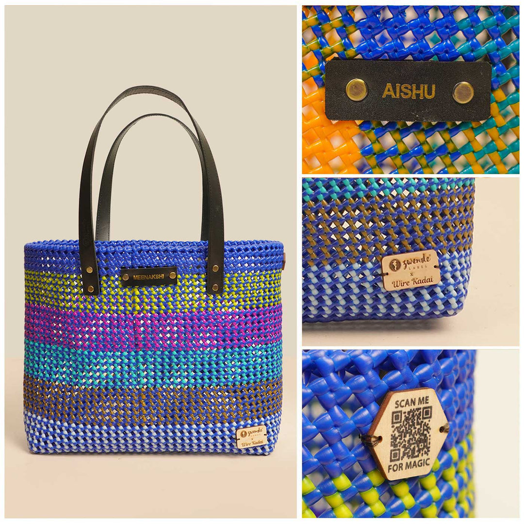 Peacock Blue Horizontal Stripes Handmade Wire Koodai Tote Bag