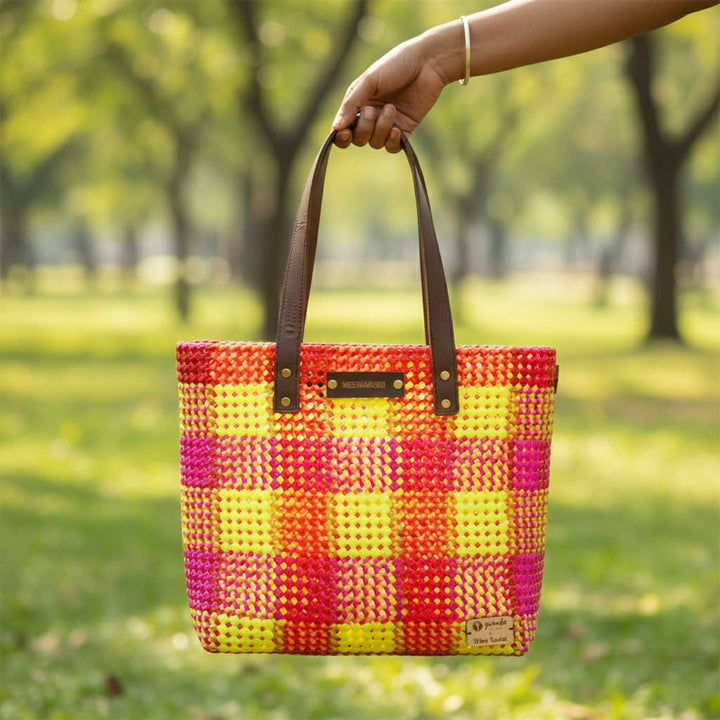 Pink And Florecent Green Checks Handmade Wire Koodai Tote Bag