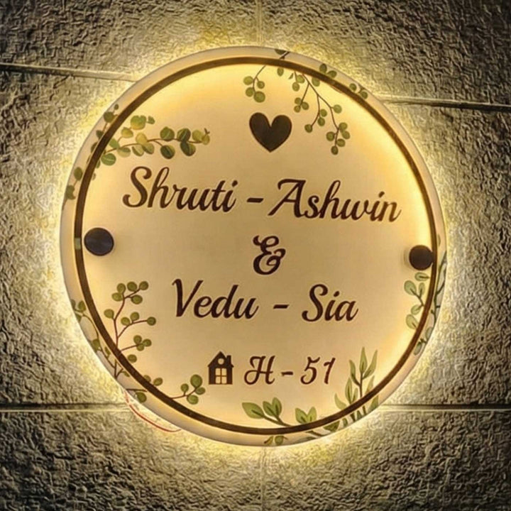 Personalized Handmade Leaf Printed Circular Acrylic Name Plate With Lights