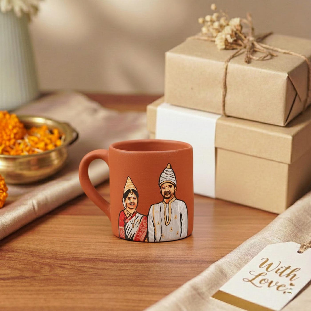 Bengali Couple Photo Personalized Handpainted Terracotta Mug | 280 Ml