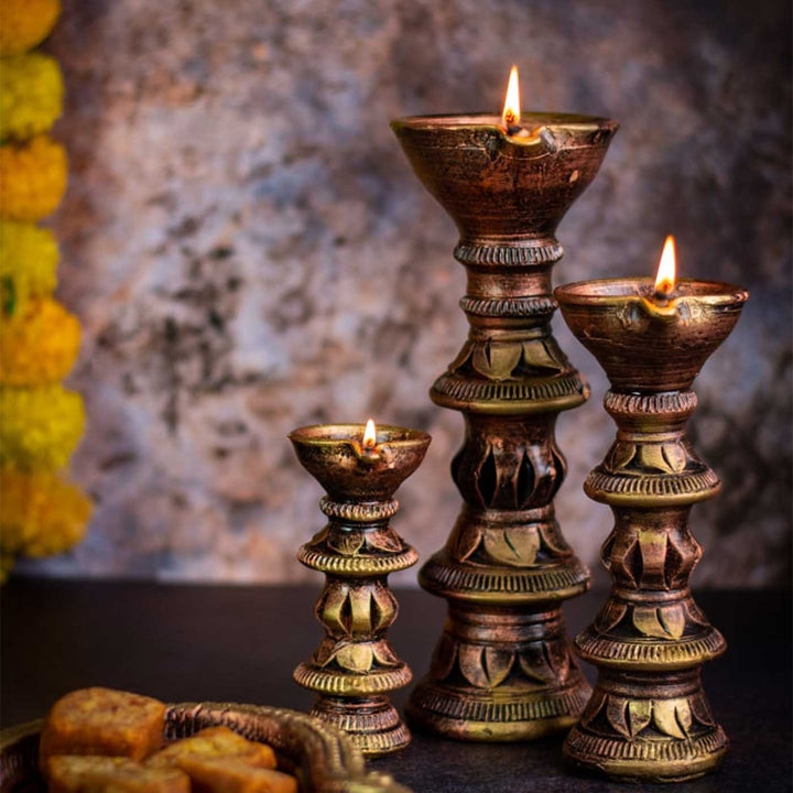 Handmade Antique Terracotta Pillar Candle Holder | Set of 3
