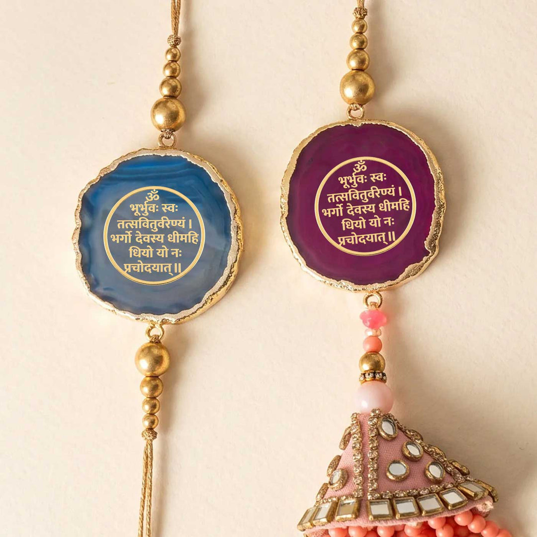 Handmade "Gayatri Mantra" Pink And Blue Premium Agate Bhaiya Bhabhi Couple Rakhi And Lumba Set With Roli Chawal, Nariyal And Gift Box | Set of 2