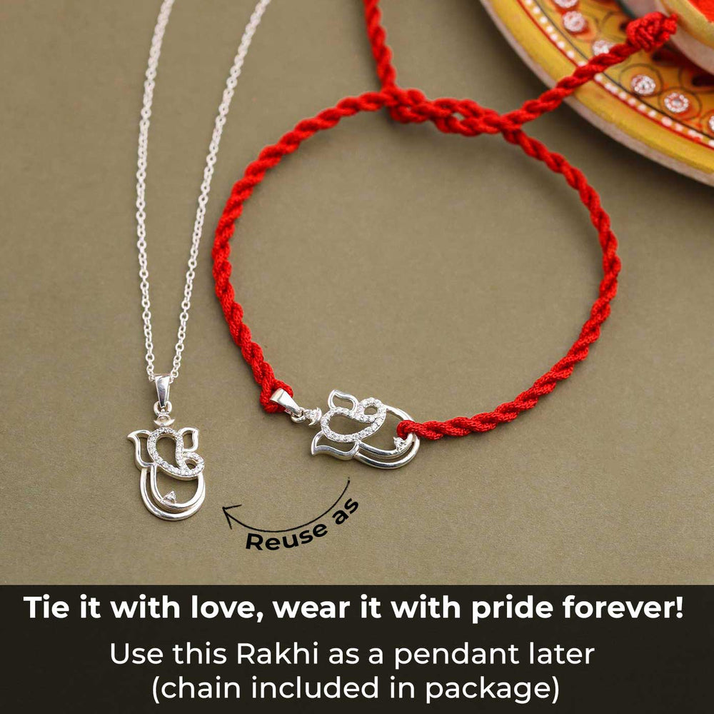 Handmade Ganesha Design Religious Silver Rakhi For Brother - Pendant and bracelet together with reuse note