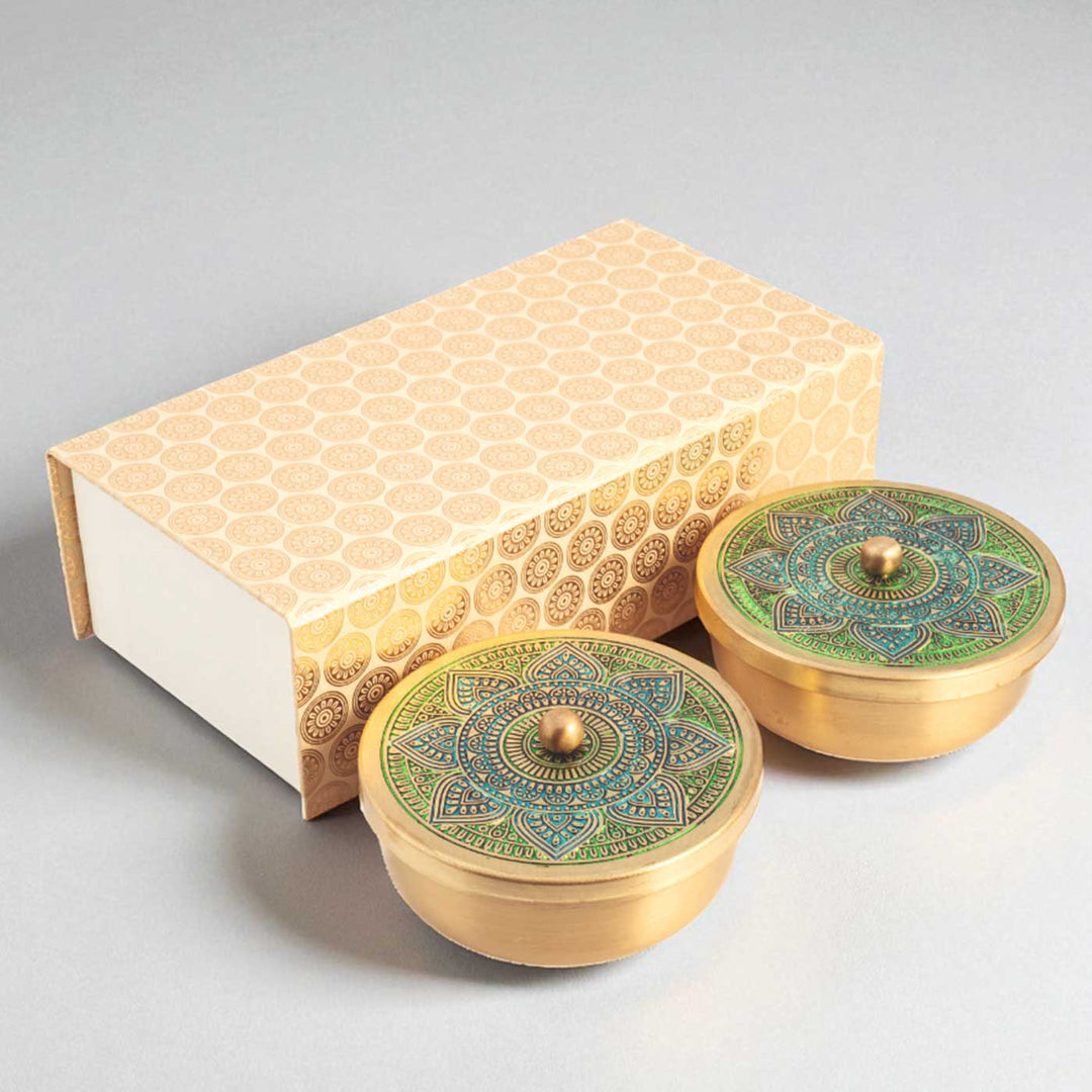 Hand-Painted Vrinda Brass Gift Hamper | Includes 2 Containers And 1 Gift Box