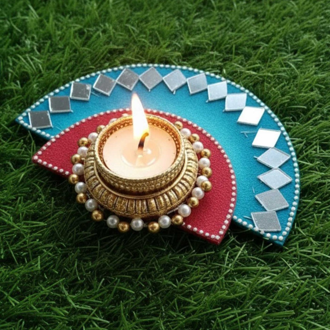 Handmade Mirror Work Semi Circle Wooden Tealight Holder With Tealight Candle | Set Of 4