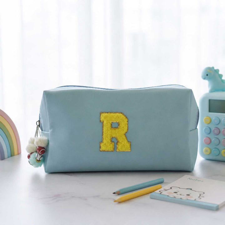 Personalized Faux Leather Utility Pouch With Initial & Pom-Pom Charm