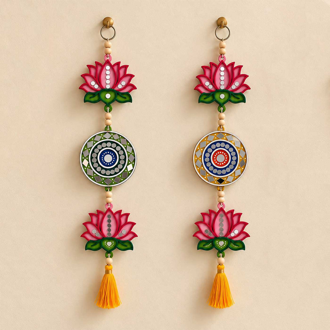 2 pc | Festive Lotus & Mandala Mirror Work Wooden Hanging With Tassel
