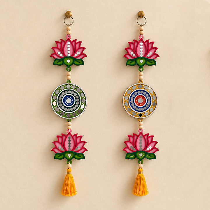2 pc | Festive Lotus & Mandala Mirror Work Wooden Hanging With Tassel