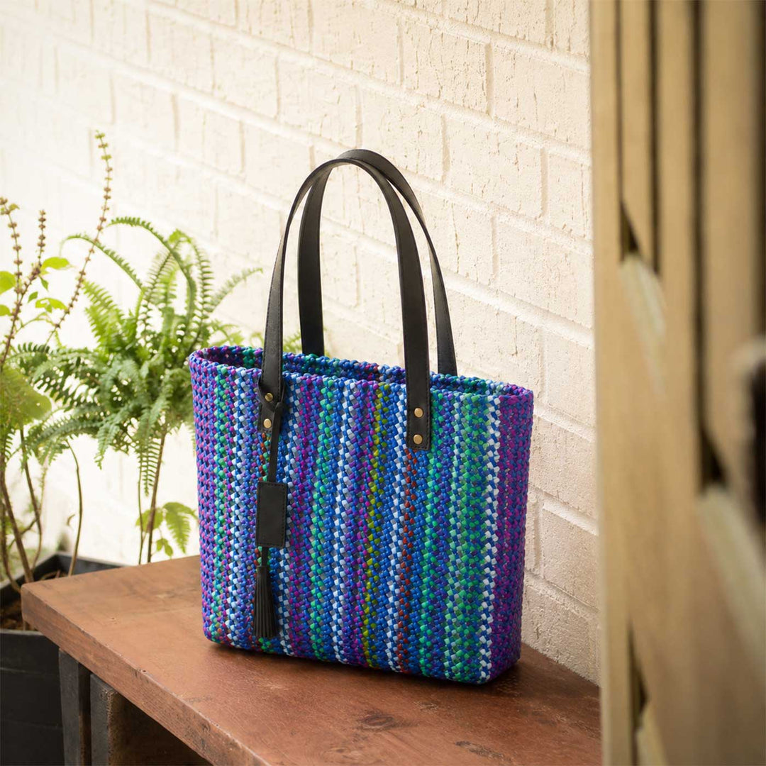 Handmade Vibrant Blue Vertical Striped Wire Koodai Tote Bag