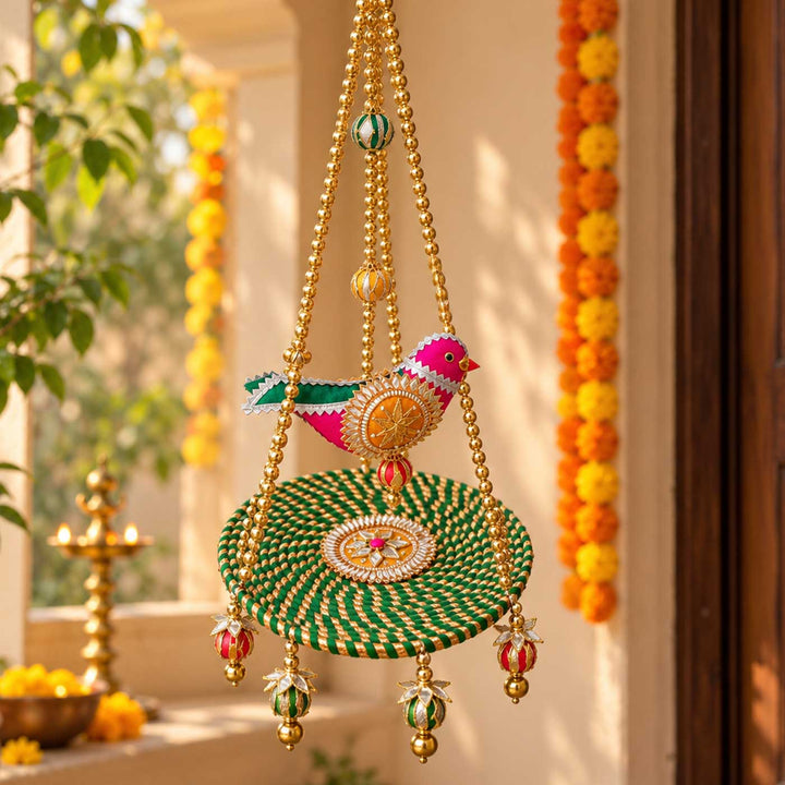 Handcrafted Chidiya Swing Gota Patti Bird Swing Wall Hanging with Beads & Pearls