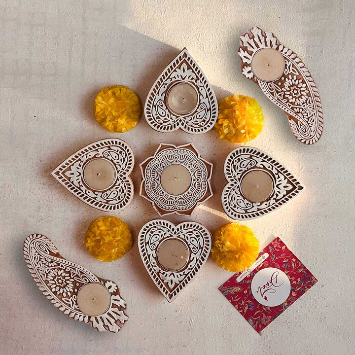 Set of 12 | Handmade Engraved Wooden Tealight Holder