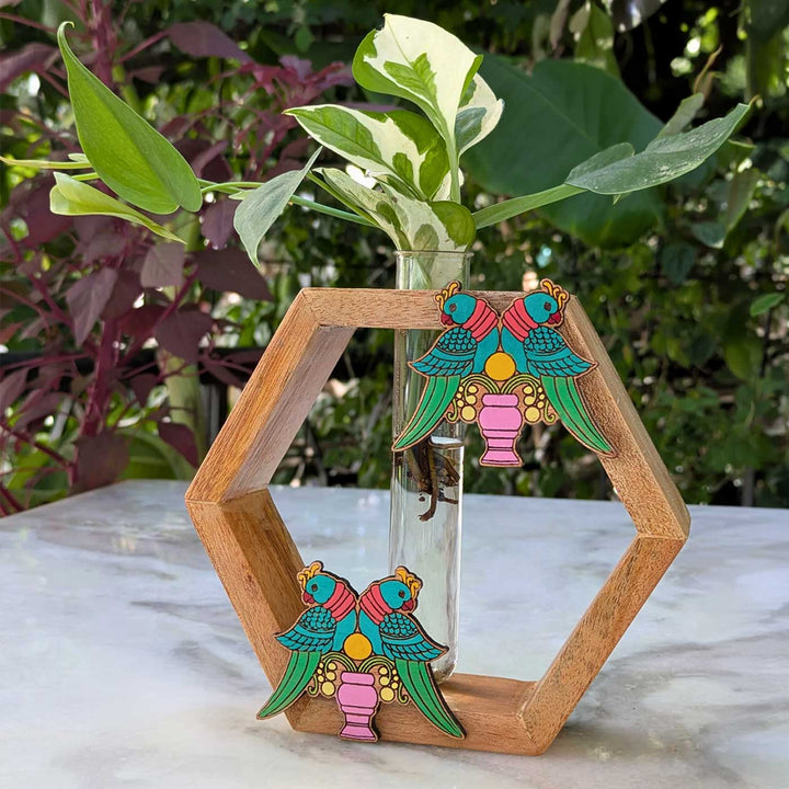 Hand-Painted Rettai Kizhi Wooden Hexagon Test Tube Planter For Home Decor