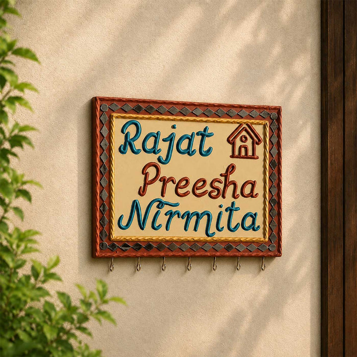 Personalized Handcrafted Lippan Art MDF Name Plate With Key Holder For Home