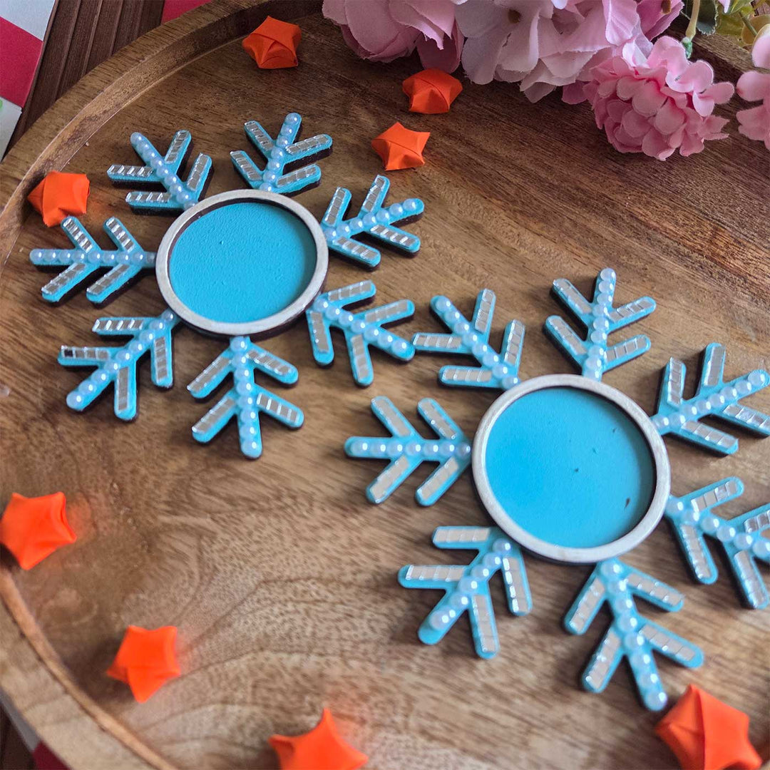 2 Pc | Handmade Wooden Blue Snowflake Tealight Holder
