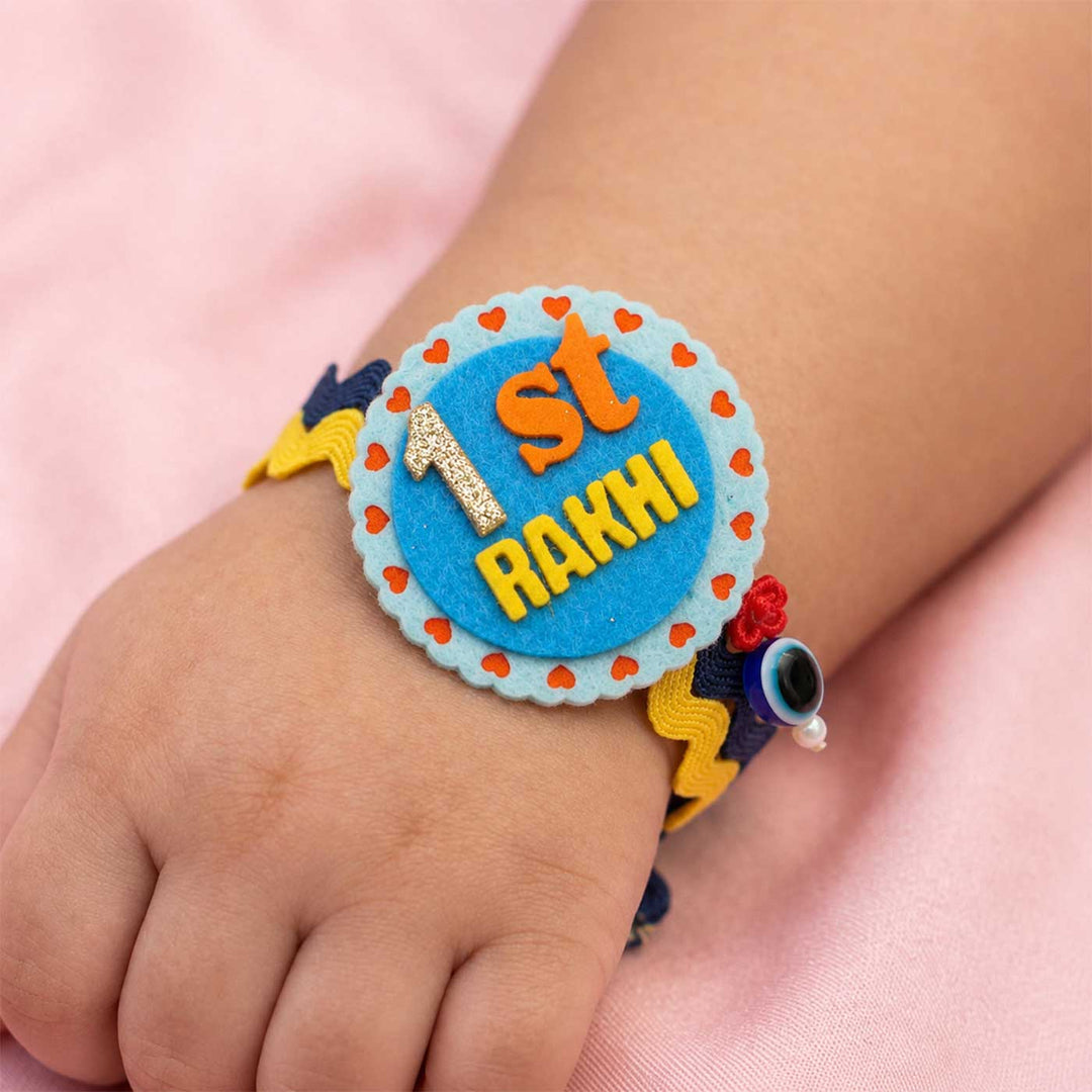 Handmade 1st Rakhi Felt Kids Blue Rakhi With Roli Chawal