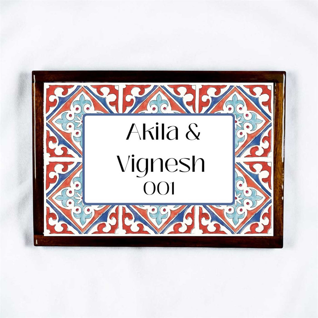 Karaikudi Tile Vintage Personalized Resin & Teak Wood Frame Name Plate For Home | Rectangle