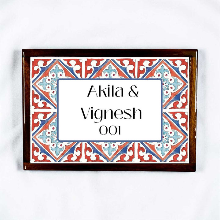 Karaikudi Tile Vintage Personalized Resin & Teak Wood Frame Name Plate For Home | Rectangle