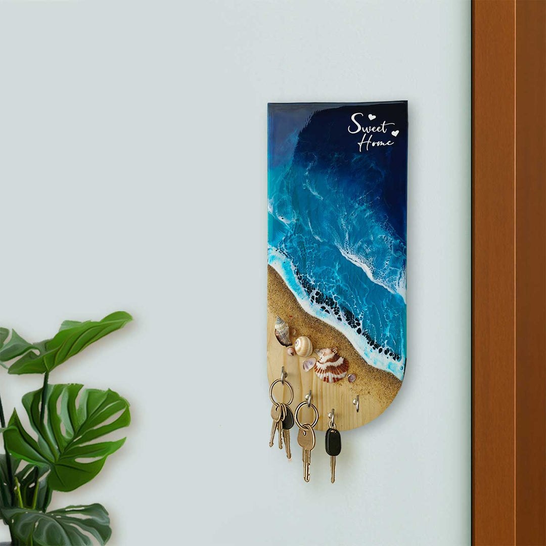 Beach Theme Wood And Resin Key Holder | With 4 Hooks
