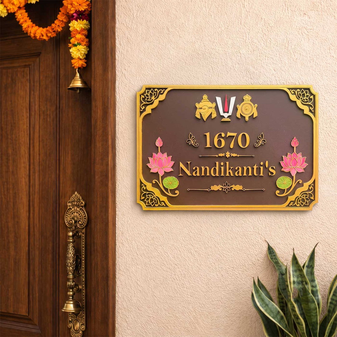 "Shankha Chakra Namam" Handcrafted Personalized Wooden Name Plate For Home