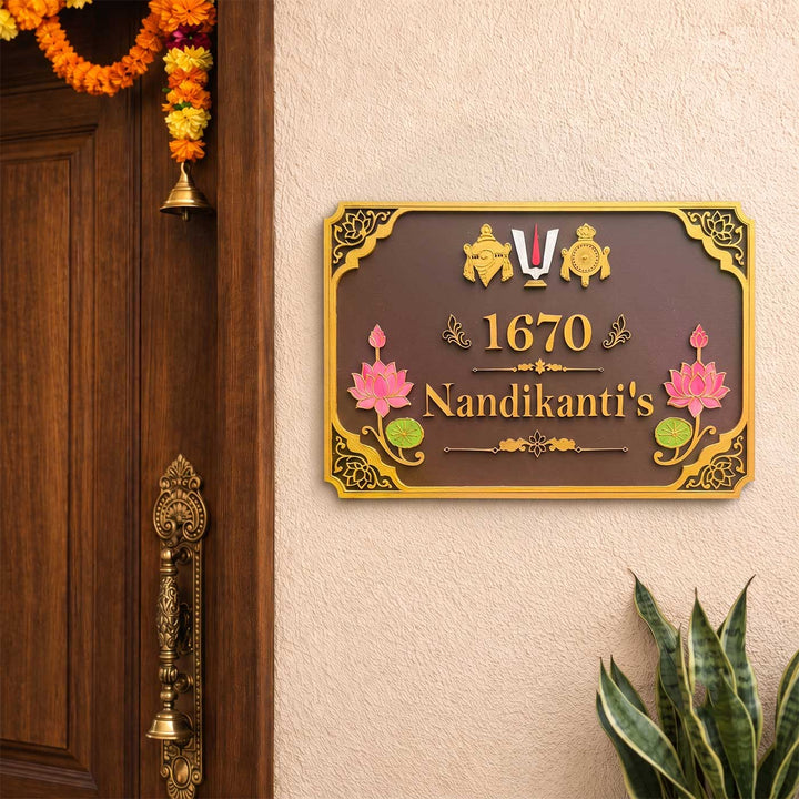 "Shankha Chakra Namam" Handcrafted Personalized Wooden Name Plate For Home
