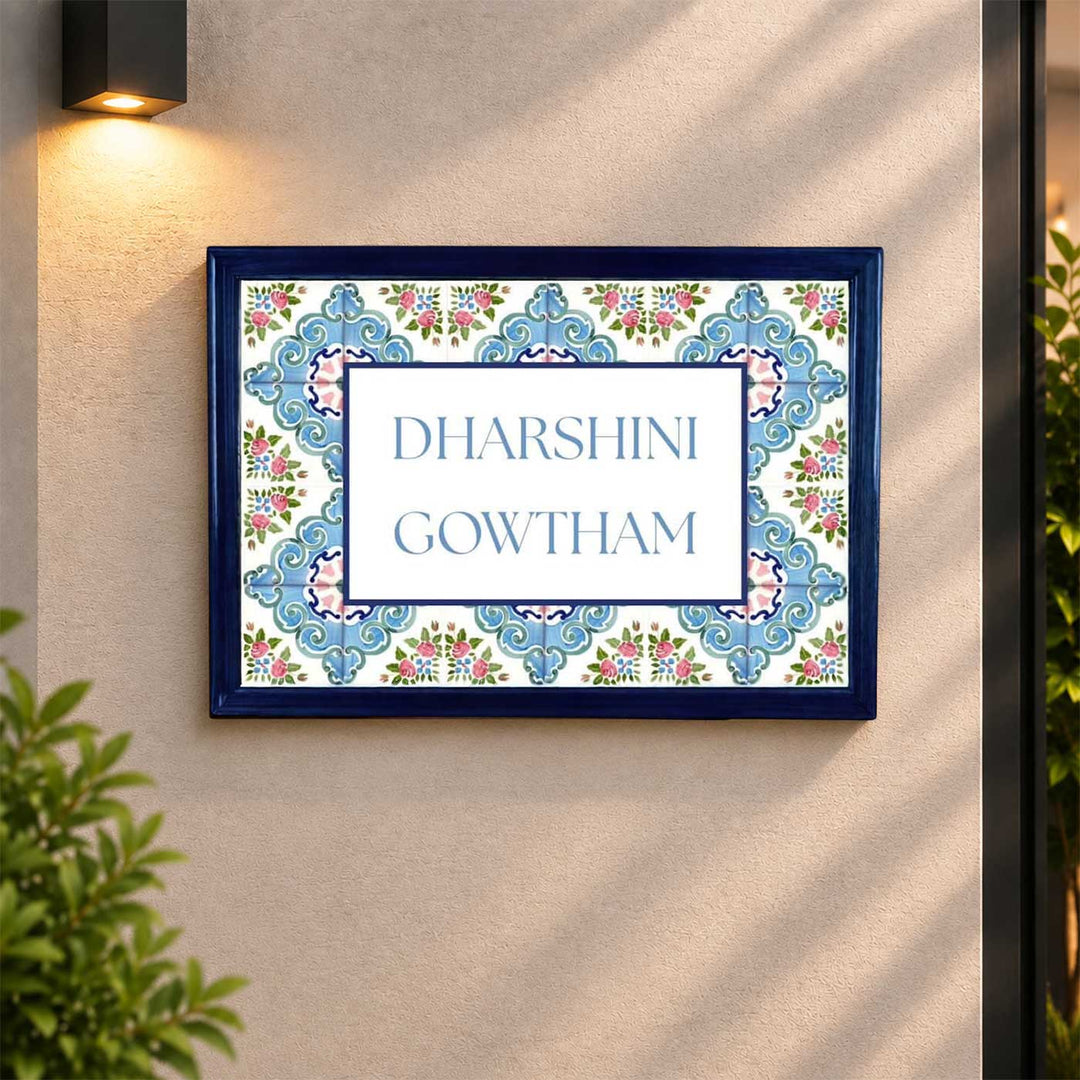 Floral Blue Vintage Personalized Resin & Teak Wood Frame Name Plate For Home
