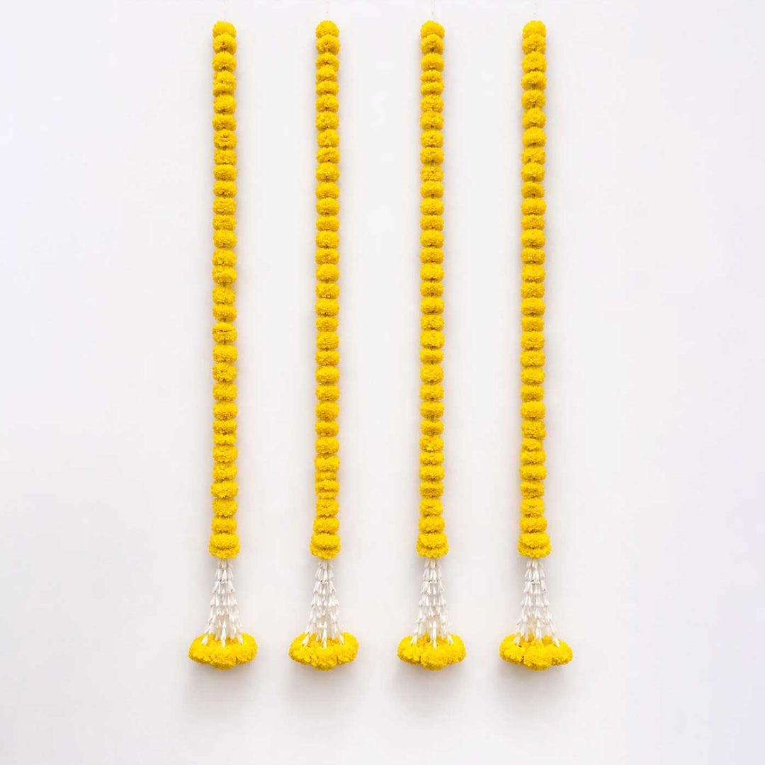 Handcrafted Marigold Yellow Artificial Flower Hangings With Gold Bead Detailing