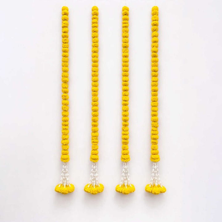 Handcrafted Marigold Yellow Artificial Flower Hangings With Gold Bead Detailing